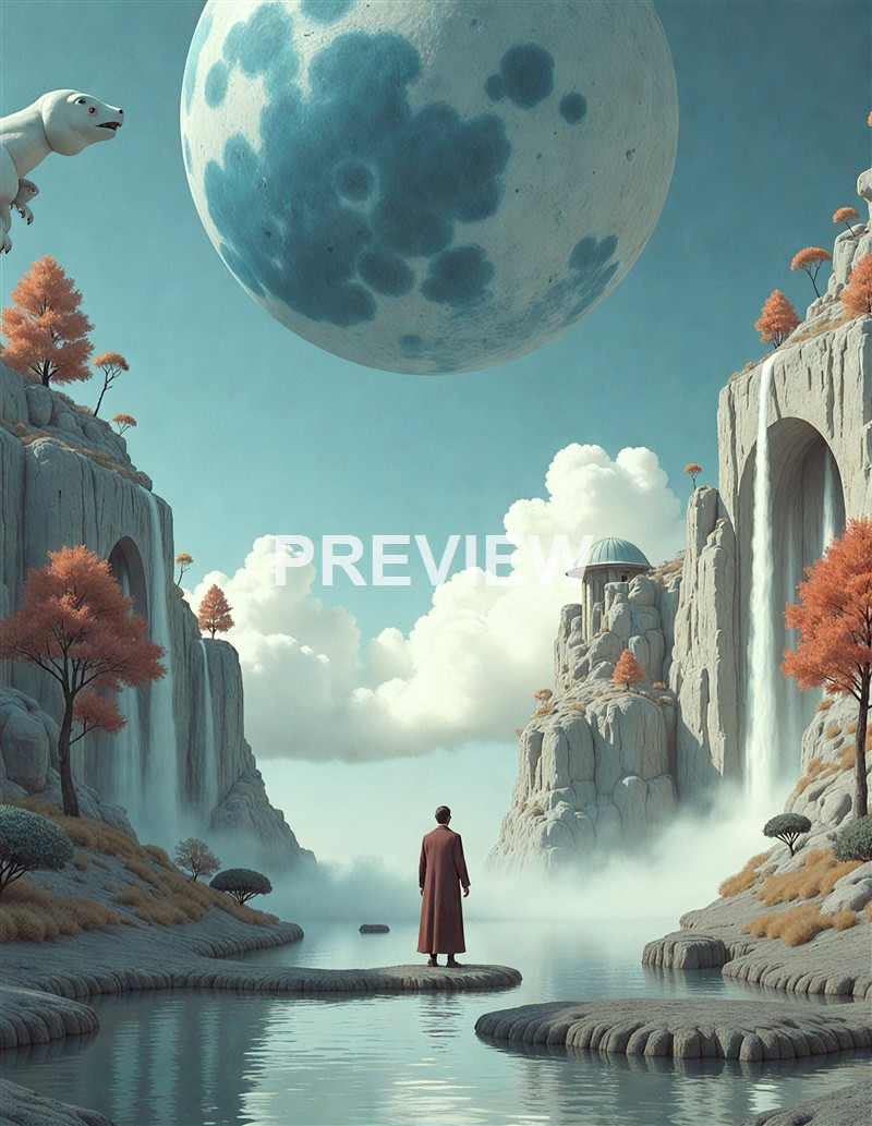 A surreal landscape featuring a man standing on a rocky outcrop overlooking a body of water, with tall cliffs, waterfalls, orange-leaved trees, a large moon in the sky, and a flying white creature resembling a dog.